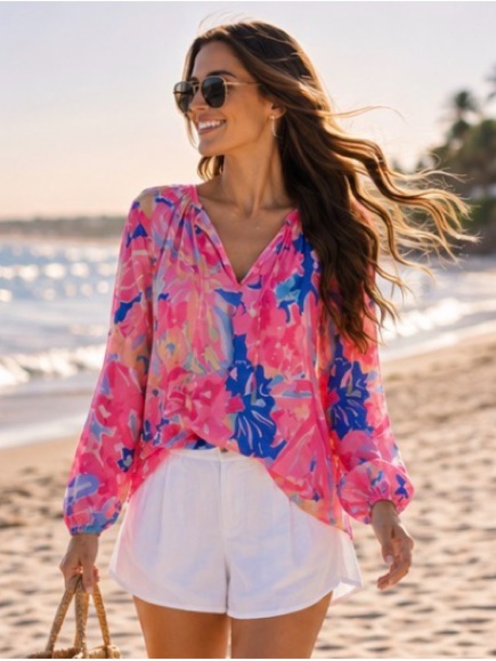 Lilly Pulitzer Willa Flounce Top Pink Playa Hermosa Print Long Sleeve Blouse
